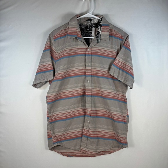 Volcom Other - Volcom Vorzy SS Slim Fit Striped Button Down Shirt Mens Large Grey Blue Red
